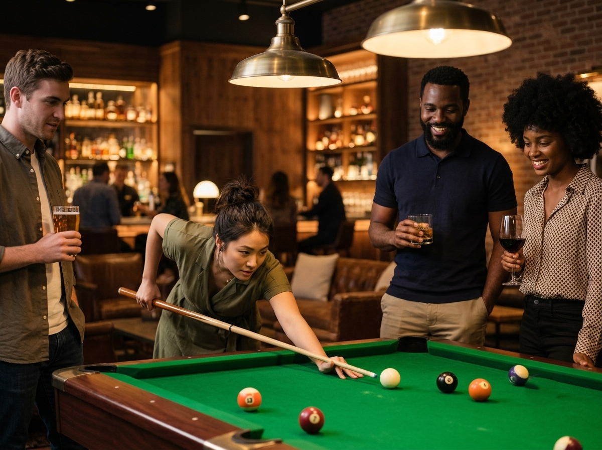 Amis qui jouent au billard dans un bar convivial